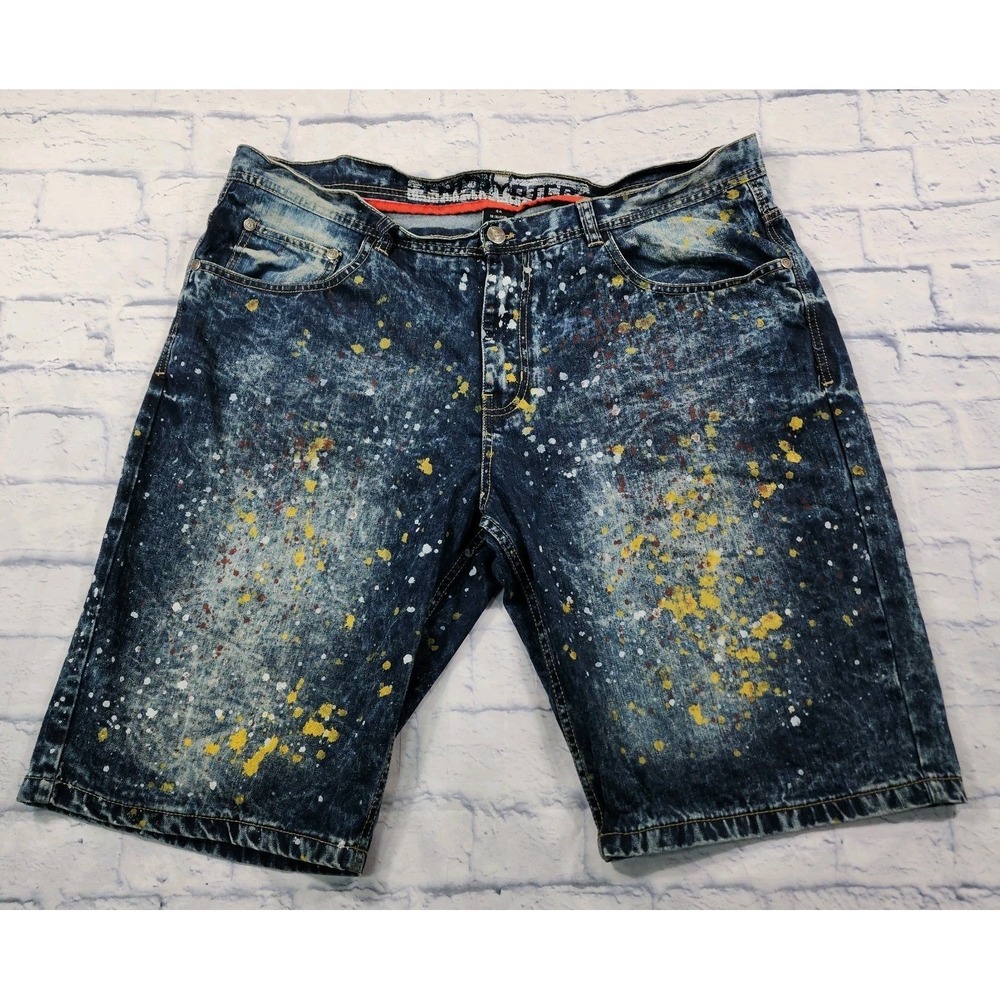 Encrypted Denim Shorts MENS SIZE 44 Blue Paint Splatter All Over Print Baggy